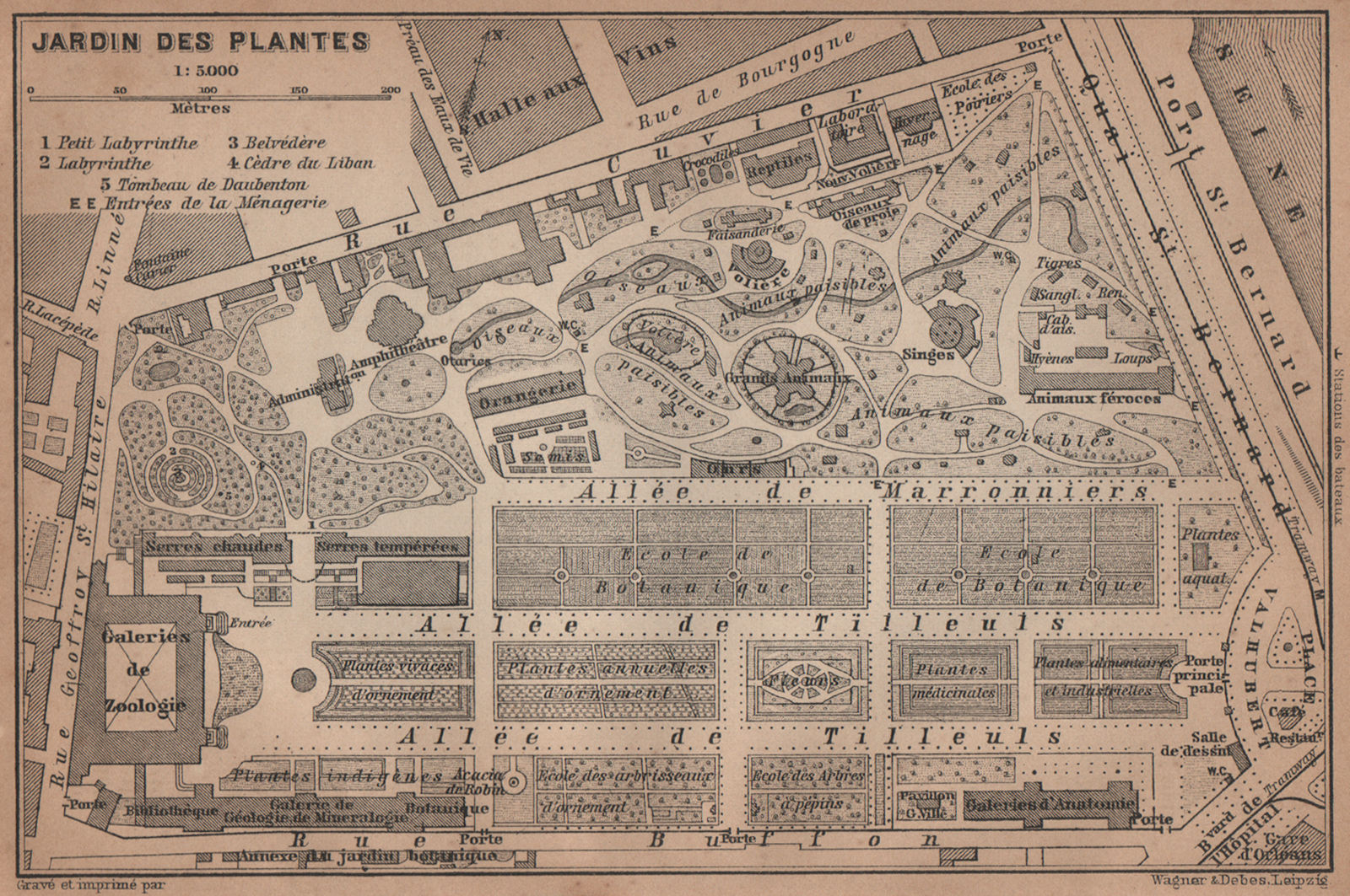 JARDIN DES PLANTES ground plan. Paris 5e carte. BAEDEKER 1900 old antique map